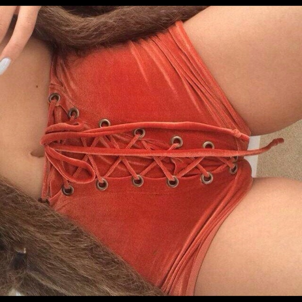 Burnt orange high waisted lace up velvet hot pant shorts